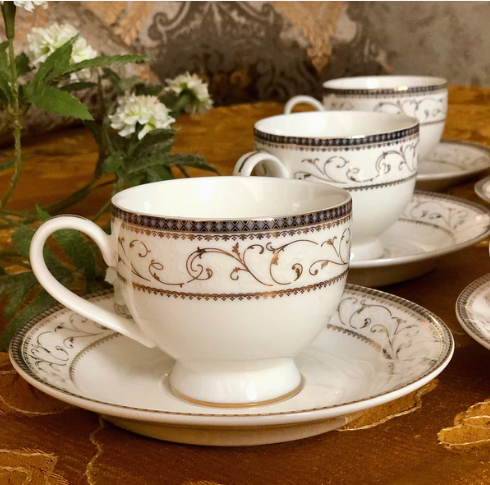 Floral Brown & Gold Embossed Cup & Saucer - Set of 6