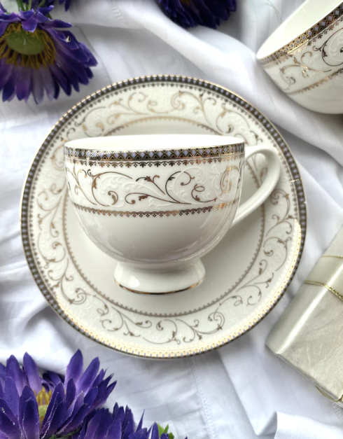 Floral Brown & Gold Embossed Cup & Saucer - Set of 6