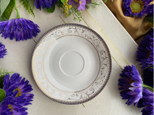 Floral Brown & Gold Embossed Cup & Saucer - Set of 6