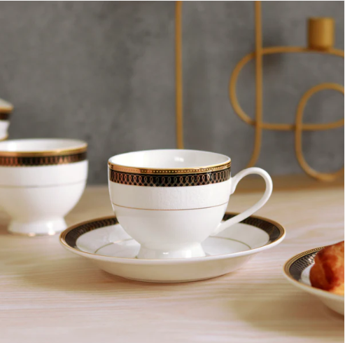 Gold on Black Cup & Saucer - Set of 6