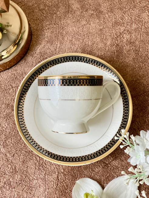 Gold on Black Cup & Saucer - Set of 6