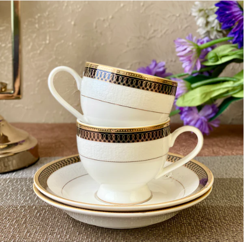 Gold on Black Cup & Saucer - Set of 6