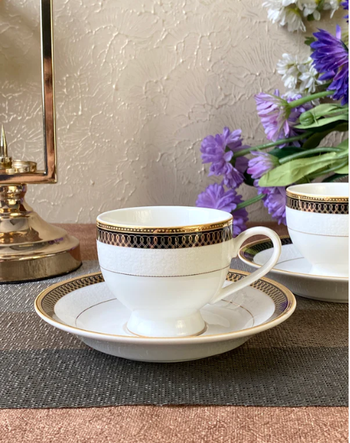 Gold on Black Cup & Saucer - Set of 6