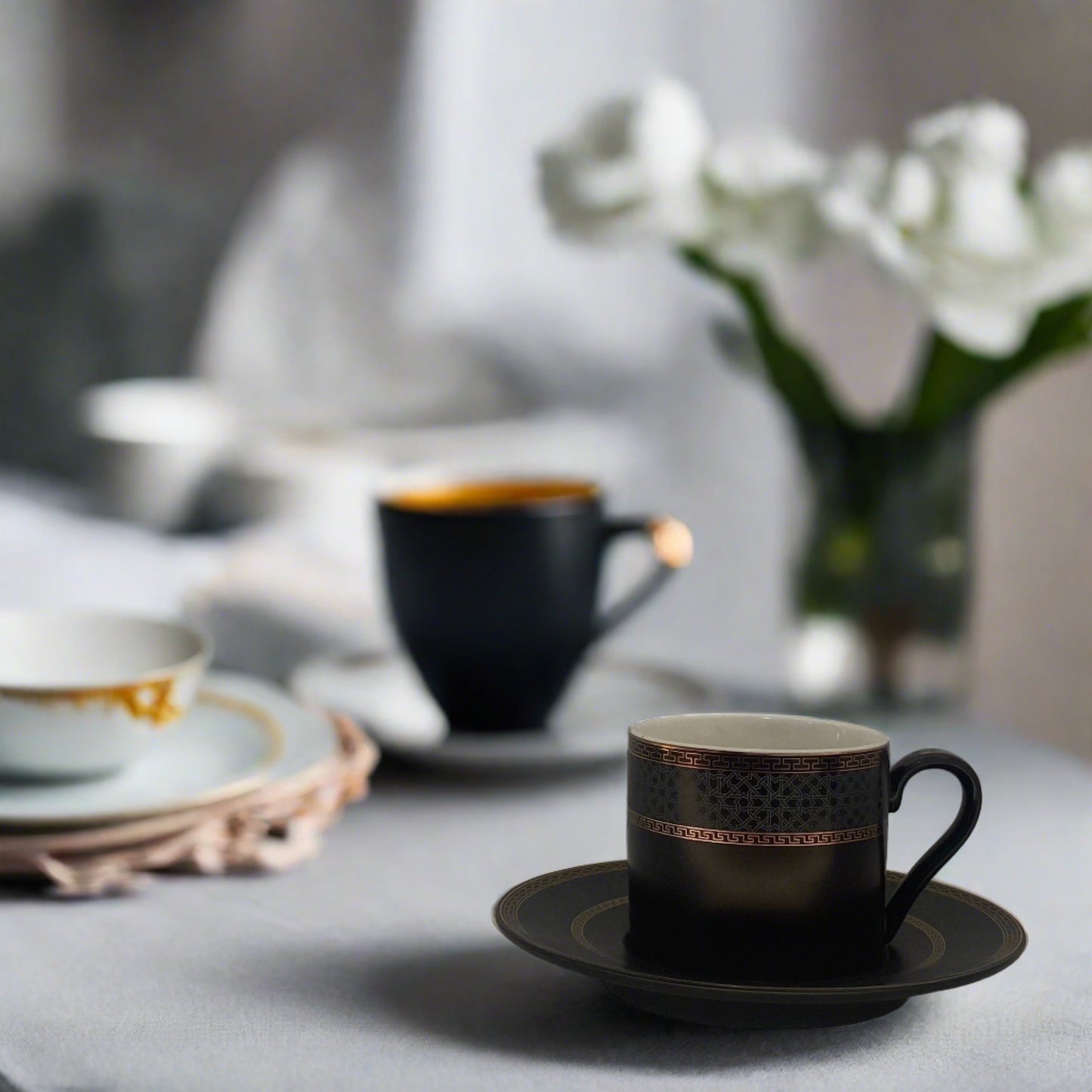 Black Matte Cup & Saucer - Set of 6