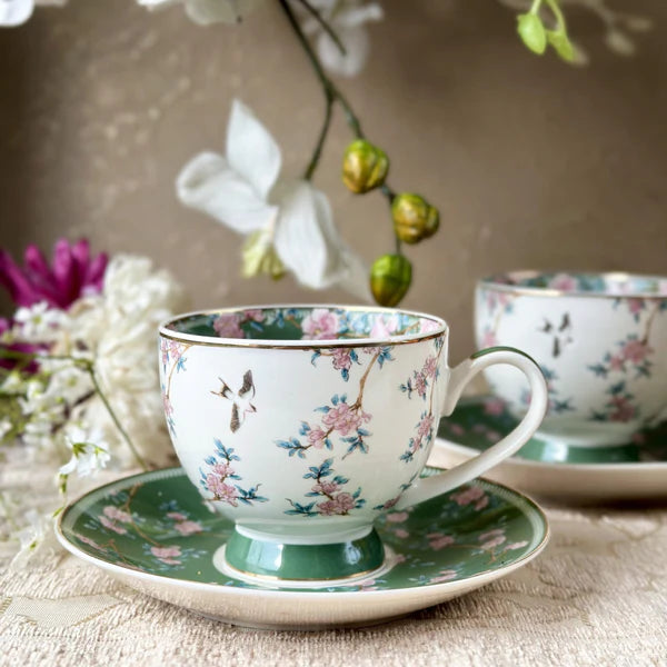 Victorian Green Cup & Saucer - Set of 6