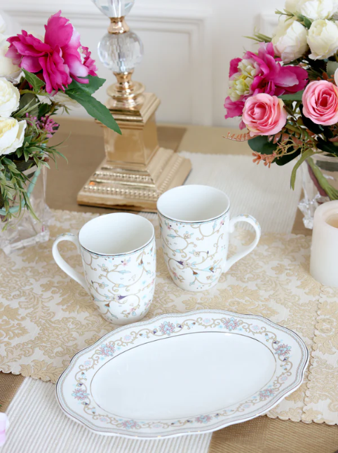 White Pattern Coffee Mugs & Snack Tray